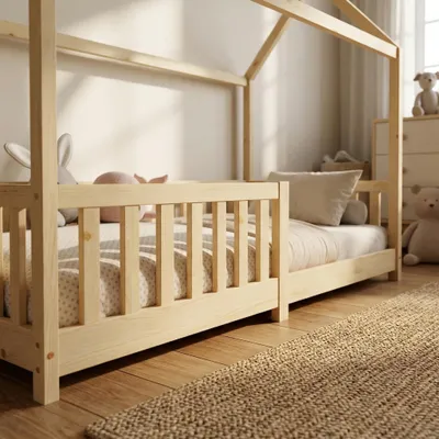 Produktbild von Kinderbett 90x200 mit Rausfallschutz und Lattenrost, Hausbett - Kinderbett 90x200 für Kinder - Kinderbett Hausbett 90x200 Natur