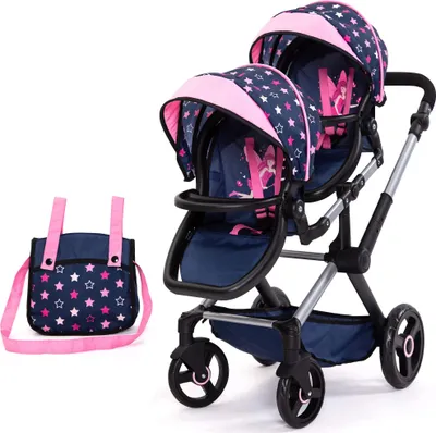 Immagine prodotto di Carrozzina gemellare Xeo Twin blu/rosa con fata - Carrozzina per bambole