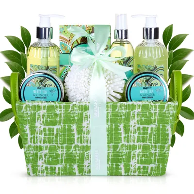 Produktbild von BRUBAKER Cosmetics Bade- und Dusch Set Weißer Tee und Ingwer Duft - 9-teiliges Geschenkset in Henkelbox