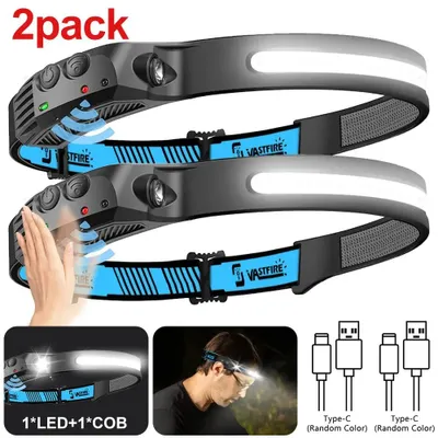 Image de Lampes frontales COB - Lot de 2, rechargeables par USB-C, avec détecteur de mouvement, 10 W, étanches, idéales pour la pêche, le camping et le travail