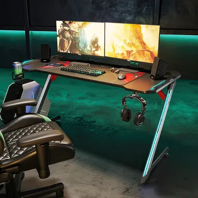 Produktbild von SONNI Gamingtisch 140x60x75cm Groß Gaming Schreibtisch mit LED Gaming Desk mit Getränkehalter und Kopfhörerhalter Schwarz