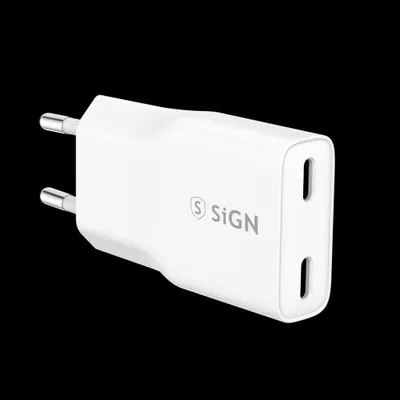 Zdjęcie produktu dla SiGN GaN Ultra Slim Fast Charger 2x USB-C, PD i QC3.0, 3A, 20W - biały