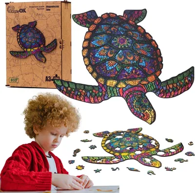 Zdjęcie produktu dla Puzzle Drewniane Układanka Długowieczny Żółw Kolorowy Zwierzę Pua3-00738