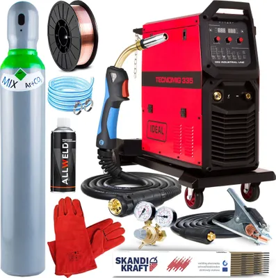 Produktbild von Tecno MIG 335 Puls - 320A Vollsynergisches Profi MIG MAG Schutzgas Schweißgerät mit Fahrgestell, Induktivität und 4-Rollen Drahtvorschub - Set Professional