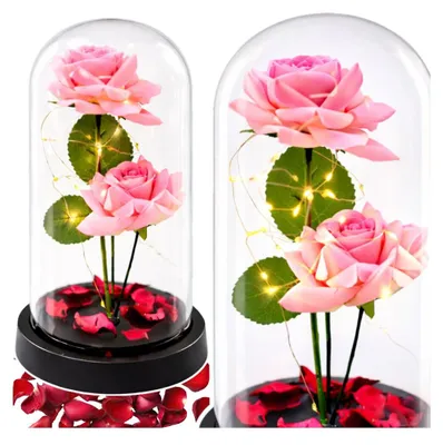 Image de Rose éternelle sous cloche en verre avec LED et cristaux, 21,5 cm, décoration