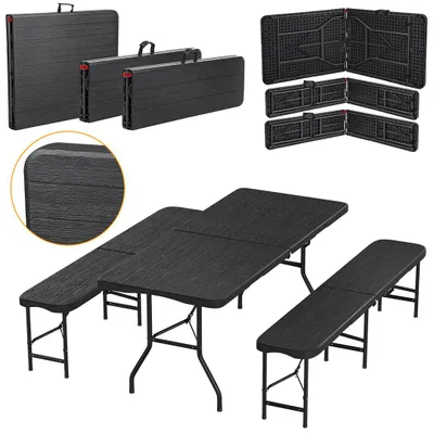 Immagine prodotto di Set da birreria Izrielar 3 pezzi, tavolo + 2 panche, pieghevole, effetto legno nero – 180 x 74 x 74 cm – Set di mobili da giardino Set da birreria Set di sedute