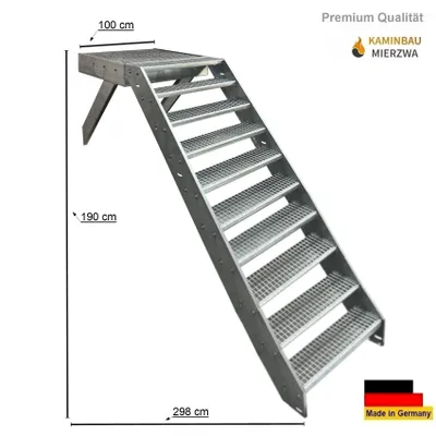 Produktbild von Podesttreppe Stahltreppe 10 Stufen Höhe 190cm mit Podest 100x100cm ohne Geländer Verzinkt / Ausrichtung Treppe Vorne (Front) Aussentreppe