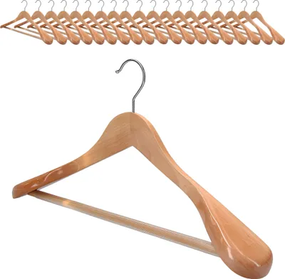 A row of wooden hangers is displayed above a single wooden hanger.