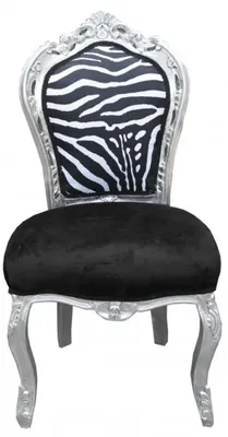Produktbild von Casa Padrino Barock Esszimmer Stuhl Schwarz / Weiß / Silber ohne Armlehnen - Antik Möbel Zebra