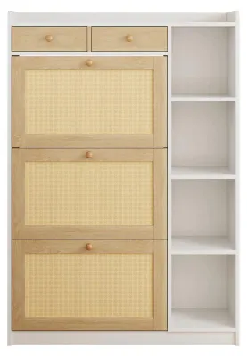 Obrázek produktu pro Skříň na boty – Úzká, volně stojící – 90 x 24 x 130 cm – 3 výklopné přihrádky – Nastavitelné vnitřní police – 2 zásuvky – Otevřené boční police – Bílá/Bílá barva dřeva