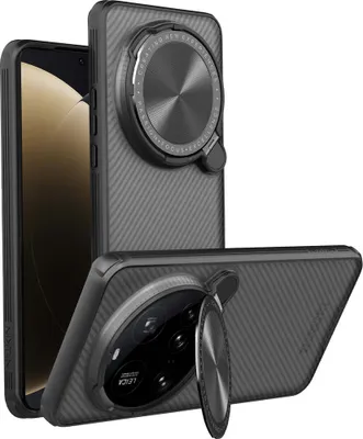 Two views of a black smartphone case with a carbon fiber texture and a circular camera cover/stand.