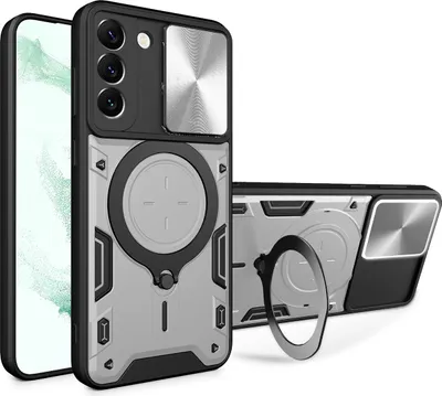 Produktbild von Handyhülle für Samsung Galaxy S22+ 5G Dual-Layer Stoßfest Rüstung Hülle mit Dia Kameraschutz und Kreisförmig Ring Ständer Silber