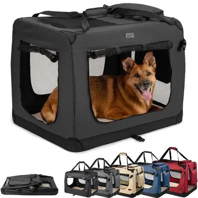 Produktbild von lionto Faltbarer Hundetransportkorb für Reisen und Auto, 82x58x58 cm, Robuster Transportkorb mit Tragegriffen und Decke, bis 18 kg