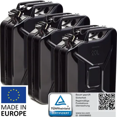 Produktbild von BW® Kraftstoffkanister Metall Benzinkanister 3x 20 Liter - Schwarz RAL 9005 - UN-Zulassung - Hergestellt in Europa
