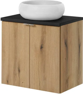 Productafbeelding van Wastafel 'Skelbolu' met rond keramisch wasbakje en 2 deuren, afmetingen 60 x 72 x 40 cm, eikenhoutlook / zwart