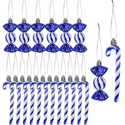 Image de Décorations de Noël : bonbons en forme de bâtonnets, guirlandes et autres décorations, coloris bleu, ensemble de 18 pièces