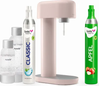 A pink soda maker with two CO2 cylinders and two water bottles.