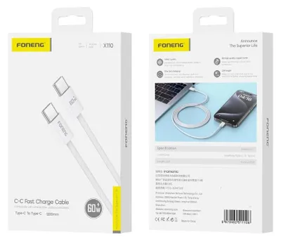 Image de Câble Foneng X110 USB-C - USB-C PD 60 W, 1,2 m, blanc