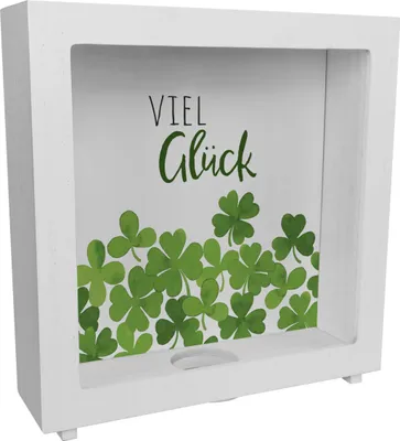 Produktbild von Klee Rahmen Spardose aus Holz mit Spruch Viel Glück