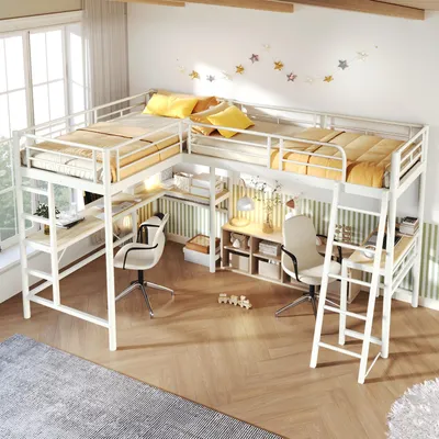 Produktbild von okwish Hochbett 90*200cm, zwei Etagenbetten mit Tisch unter dem Bett, Doppeltreppe, hohes Geländer, ohne Matratze- Weiß