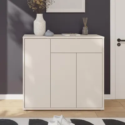 Produktbild von Forte ALICE SPRINGS Schuhschrank 100 110, moderner Schuhschrank mit viel Stauraum, 3-türig, 1 Schublade, Holzwerkstoff, Kaschmir Beige, 109,2 cm breit x 99,1 cm hoch x 34,9 cm tief
