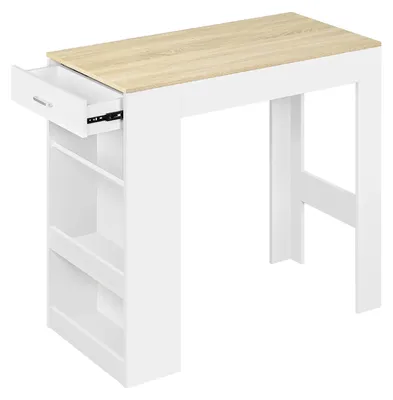 Image de Table de bar - Table de cuisine - 1 tiroir - 3 étagères - Rangement à vin - 100 x 50 x 100 cm - Bois - Blanc chêne