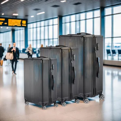 Produktbild von Set mit 3 schwarzen ABS-Hartschalenkoffern 20"/24"/28" – Handgepäck & Aufgabegepäck, leicht und robust, Zahlenschloss, Teleskoptrolley, 4 x 360°-Rollen
