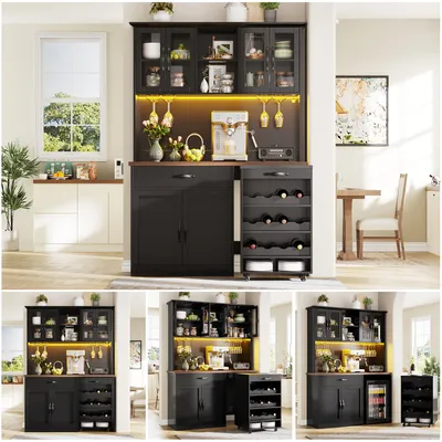 Produktbild von Küchenschrank 140cm Hochschrank mit LED-Beleuchtung & USB, Pantryschrank mit Rollwagen & Weinregal, Vorratsschrank Sideboard für Esszimmer, Weiß