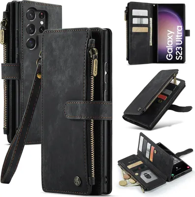 Collage of images showing a black leather wallet-style phone case for a Samsung Galaxy S23 Ultra.