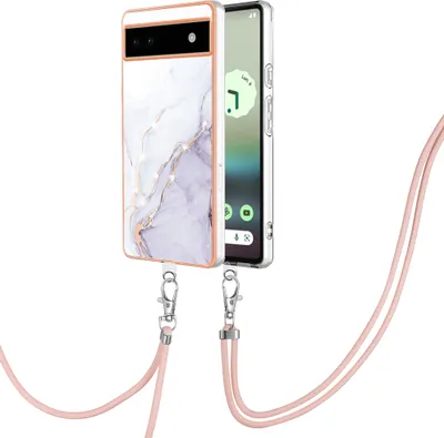 Produktbild von Handykette Hülle für Google Pixel 6A Muster TPU Schutzhülle mit verstellbarem Tragegurt Weiß