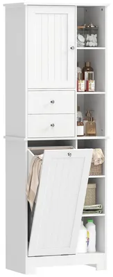Immagine prodotto di HOMCOM Armadietto Alto da Bagno 171 cm, Mobile da Bagno Stretto con Cesto per Biancheria Inclinabile, 2 Cassetti, Bianco