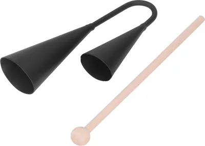Zdjęcie produktu dla Dwukolorowy dzwonek agogo, tradycyjny latynoamerykański instrument perkusyjny wykonany z czarnego metalu z drewnianą pałeczką
