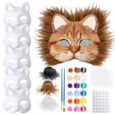 Immagine prodotto di Kit per realizzare maschere di gatto, 6 pezzi, da dipingere e decorare con pelo e rete