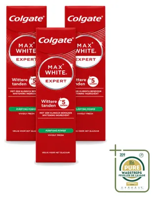 Imagen del producto de 3 unidades de pasta dental Colgate Max White Expert Purifying Power, blanqueadora, 75 ml. Pack ahorro