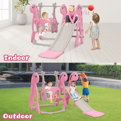 Imagen del producto de Juego infantil para interiores con tobogán, aro de baloncesto, columpio con altura ajustable, ideal para habitaciones infantiles y jardines