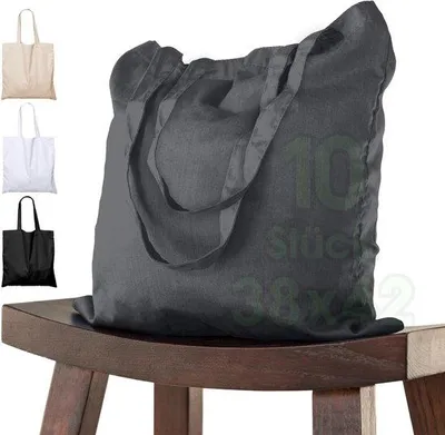 Produktbild von Famanu Baumwolltasche mit langem Henkel (10 Stück in 38x42 cm) – Dunkelgrau, Tragetasche, Jutetasche, Stofftasche, Einkaufstasche