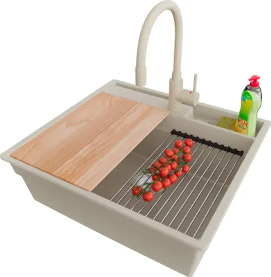 Produktbild von PRIMAGRAN Granitspüle Beige 58x53cm, Spülbecken 1 Becken + Ablauf-Set + Küchenzubehörset, Küchenspüle ab 60er Unterschrank - Oslo Pocket