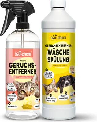 Produktbild von bio-chem Geruchsentferner Set | Katzengeruchsentferner Spray 750 ml + Wäschespülung 1L | Mikrobiologisch & effektiv | Gegen Tiergeruch auf Textilien & Oberflächen