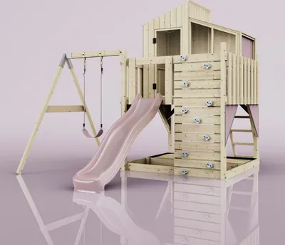 Produktbild von OutdoorToys Spielturm mit Spielhaus inkl. Wellenrutsche, Outdoor Klettergerüst Garten, Kletterwand und Kletterleiter, Ausführung: Kinderschaukel, Farbe: Altrosa, mit Kinderschaukel