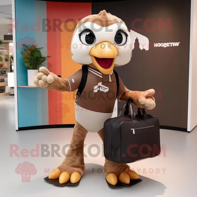 Immagine prodotto di Personaggio in costume della mascotte REDBROKOLY di Brown Hawk vestito con pantaloni da yoga e valigette