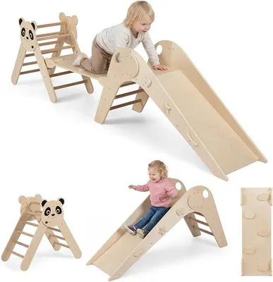 Imagen del producto de Silecomplaza, juego de 3 triángulos de escalada para interior, estructura de madera plegable con tobogán, rampa y escalera de escalada, incluye juego de bloques, ideal para niños a partir de 3 años (color natural)