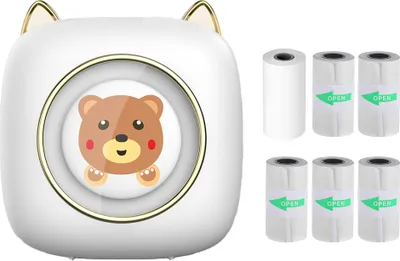 Zdjęcie produktu dla Mini drukarka kieszonkowa, przenośna drukarka termiczna, bezprzewodowa mini drukarka BT, rozdzielczość 203 DPI, drukarka do natychmiastowego wydruku zdjęć z 1 rolką papieru termicznego i 5 rolkami papieru samoprzylepnego, 57 x 25 mm