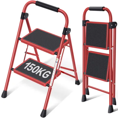 Produktbild von KINGRACK 2 Stufen Kleine Leiter, Trittleiter mit Anti-Rutsch, Breitem Pedal – Größe 2 Stufen mit Handläufen, Rot