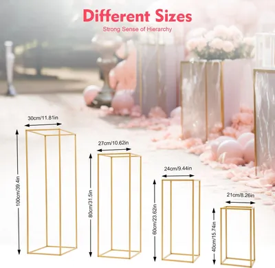 Image de Lot de 4 supports à fleurs - Colonnes décoratives sur pied - Métal - 21 x 21 x 40 cm - Décoration de table pour mariage, anniversaire, fête - Doré