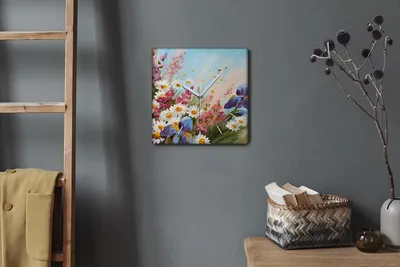 Produktbild von Coloray Hodiny Unikátní 30x30 cm  Tiché hodiny Pro obývací pokoj a kuchyň Nástěnné hodiny Plátno Bílé ručičky hodin - Malování květin
