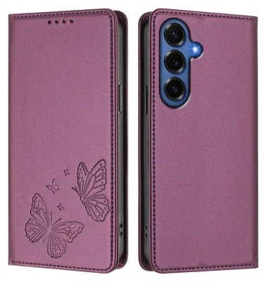Image de Étui en cuir pour Samsung Galaxy S26+, motif papillon en relief, étui portefeuille à rabat avec support, violet