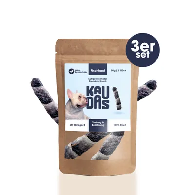 Produktbild von KAUDAS Hundekausnack Fischhaut Riegel – 3× 50g Zahnpflege, Kabeljauhaut & Omega-3