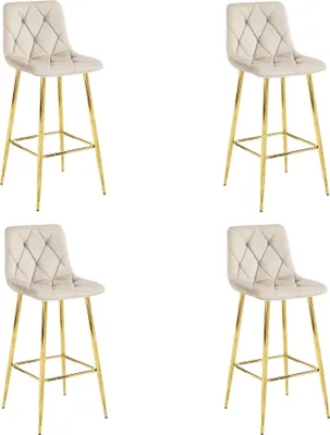 Image de Tabouret Valora NADO en velours beige et pieds dorés (lot de 4) | Lot de 4 tabourets de bar en velours beige et pieds dorés