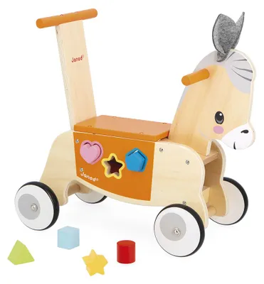 Produktbild von Janod Lauflernwagen Esel - Holz Schiebewagen mit Formenbox für Kleinkinder