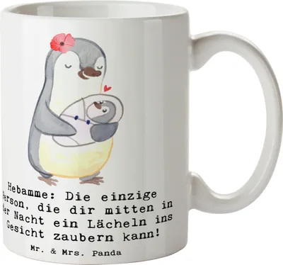Produktbild von Mr. & Mrs. Panda Tasse Hebamme Lächeln - Weiß - Geschenk, kaffeebecher keramik, Engagement, Herz, zugewandt, Geschenktasse, kreative Geschenke, Becher, Berufsliebe, Beruf